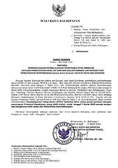 Pemkot Balikpapan Kembali Keluarkan SE PTM Terbatas